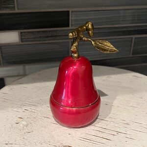 Glossy Red Pear Trinket Box with Gold Stem Accent